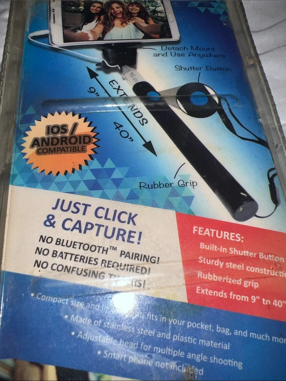 Universal Selfie Stick with Bluetooth Shutter — Black and Blue